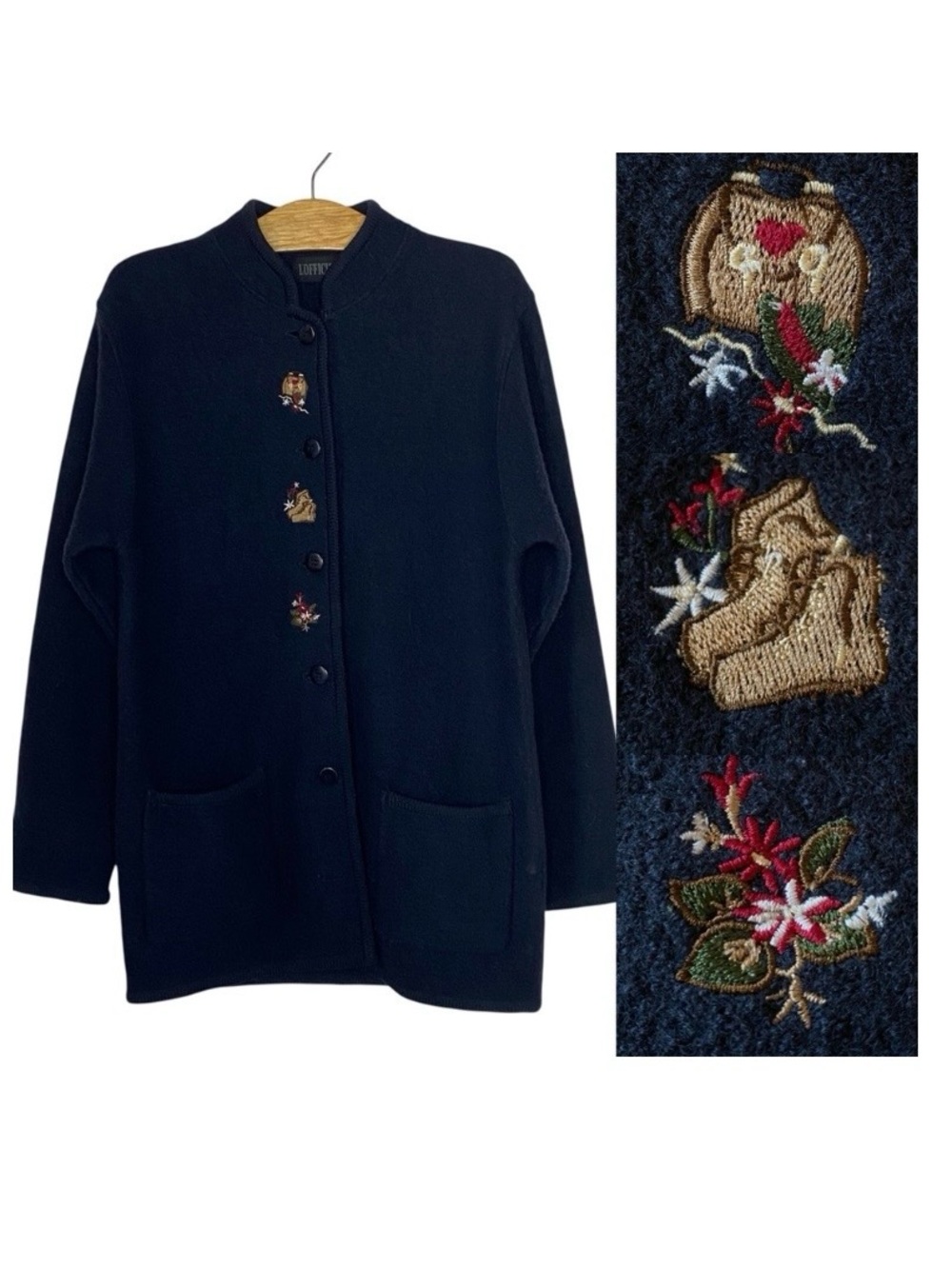 L'Officiel Navy Boiled Wool Long Cardigan Sweater with Embroidered Accents Sz S